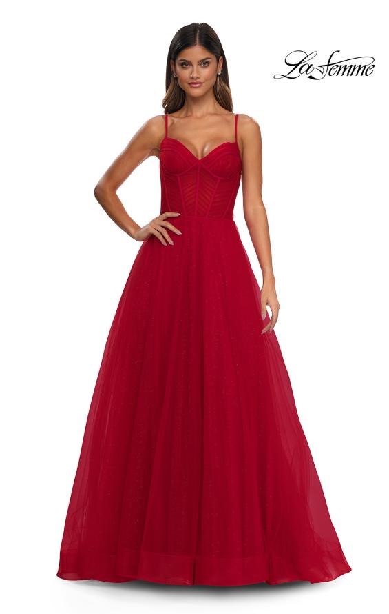 Picture of: Prom Dress with Sparkle Tulle and Ruched Corset Top in Red, Style: 32680, Detail Picture 9