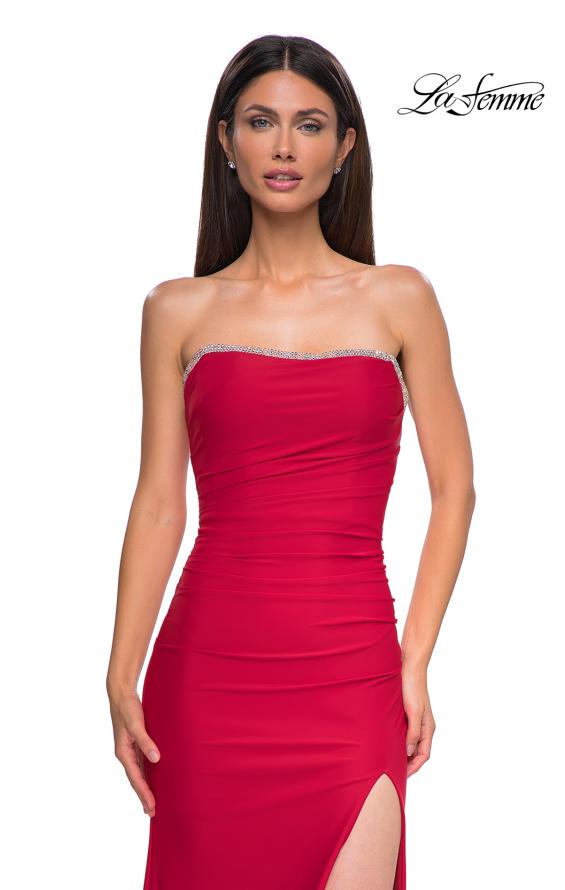 Picture of: Strapless Jersey Dress with Lace Up Back and Rhinestone Neckline in Red , Style 32931, Detail Picture 9