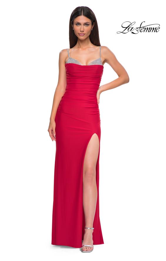 Picture of: Ruched Long Prom Dress with Rhinestone Bra Style Top in Red , Style 32939, Detail Picture 9