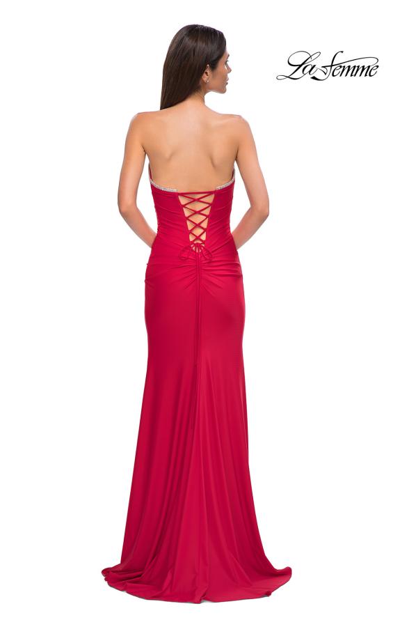 Picture of: Strapless Jersey Dress with Lace Up Back and Rhinestone Neckline in Red , Style 32931, Detail Picture 10