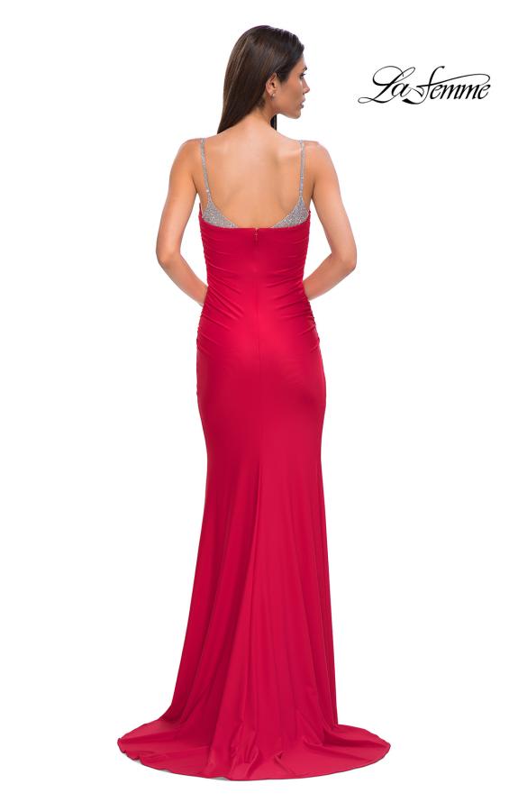 Picture of: Ruched Long Prom Dress with Rhinestone Bra Style Top in Red , Style 32939, Detail Picture 10