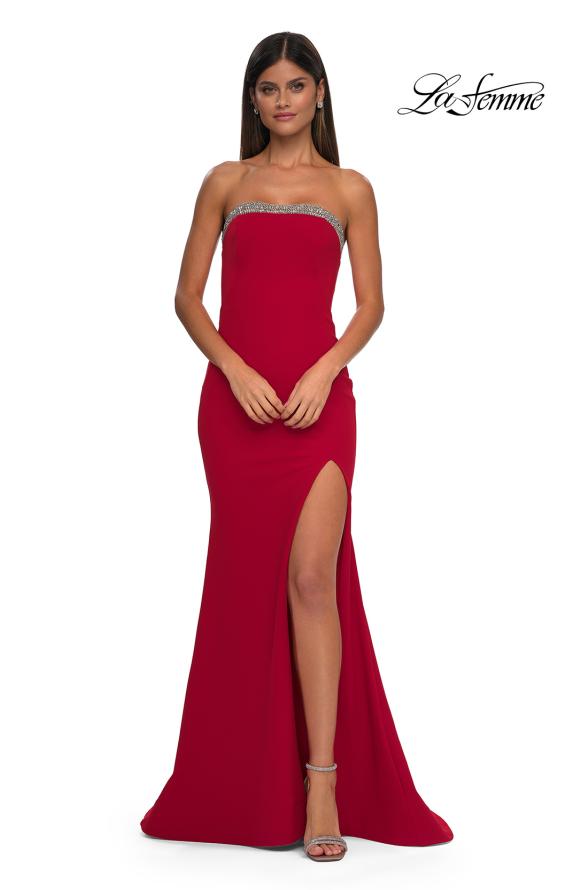 Picture of: Strapless Jersey Gown with Stunning Rhinestone Neckline in Red, Style: 32891, Detail Picture 11