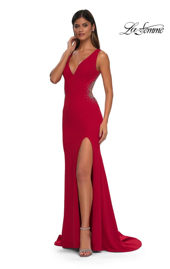 Picture of: Open Back Evening Dress with Rhinestone Embellished Sides and Back in Red, Style: 32922, Detail Picture 11