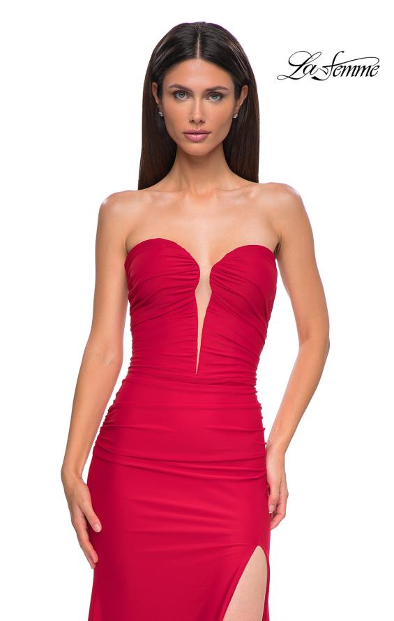 Picture of: Intricately Ruched Strapless Prom Dress with Unique Deep V in Red , Style 32923, Detail Picture 11