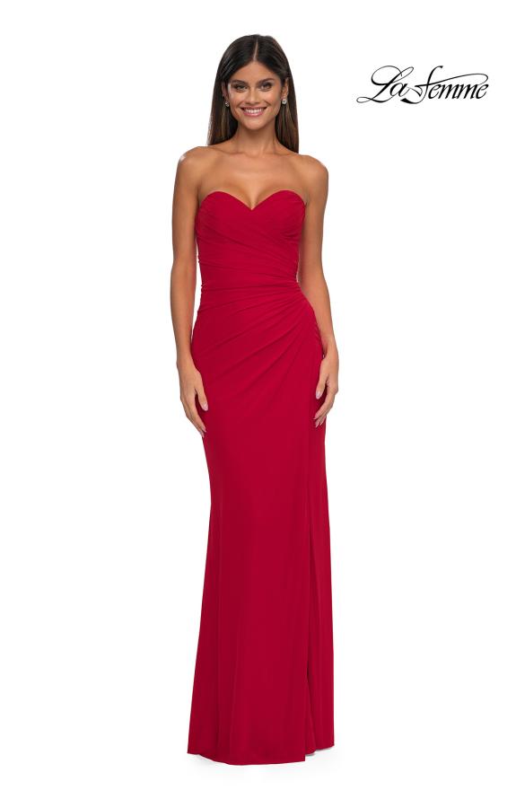 Picture of: Simple Net Prom Dress with High Slit and Flattering Ruching in Red, Style: 33018, Detail Picture 11