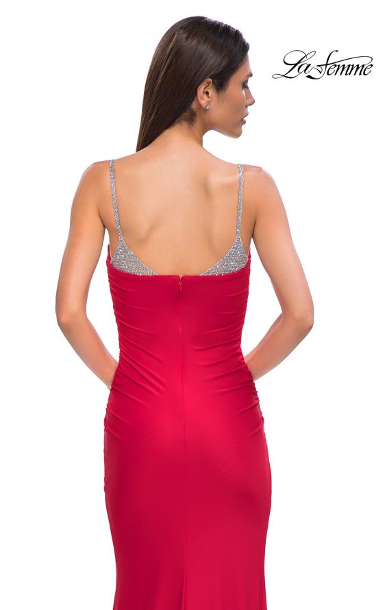 Picture of: Ruched Long Prom Dress with Rhinestone Bra Style Top in Red , Style 32939, Detail Picture 12