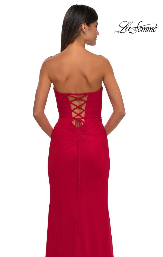 Picture of: Simple Net Prom Dress with High Slit and Flattering Ruching in Red, Style: 33018, Detail Picture 12