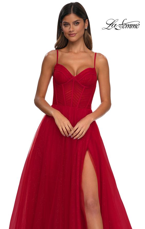 Picture of: Prom Dress with Sparkle Tulle and Ruched Corset Top in Red, Style: 32680, Detail Picture 13