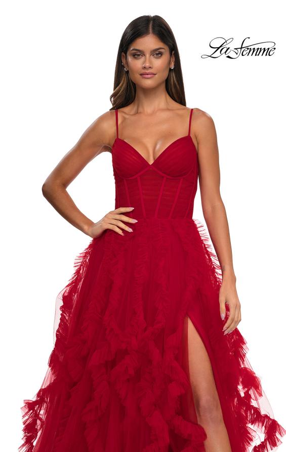 Picture of: Ruffle Tulle Dress with Unique Skirt and Illusion Corset Bodice in Red, Style: 32719, Detail Picture 13