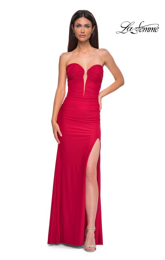 Picture of: Intricately Ruched Strapless Prom Dress with Unique Deep V in Red , Style 32923, Detail Picture 13