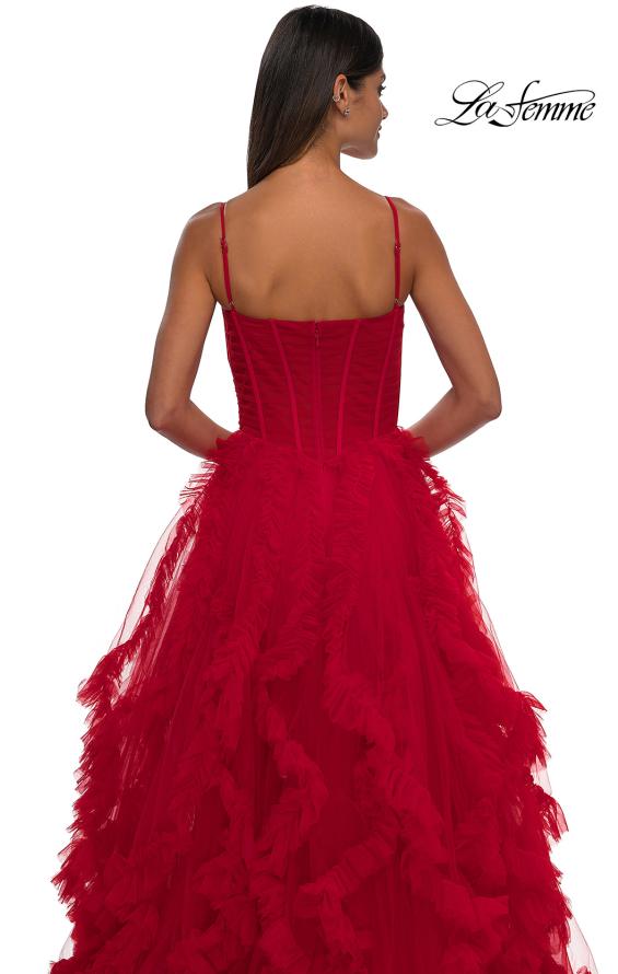 Picture of: Ruffle Tulle Dress with Unique Skirt and Illusion Corset Bodice in Red, Style: 32719, Detail Picture 14