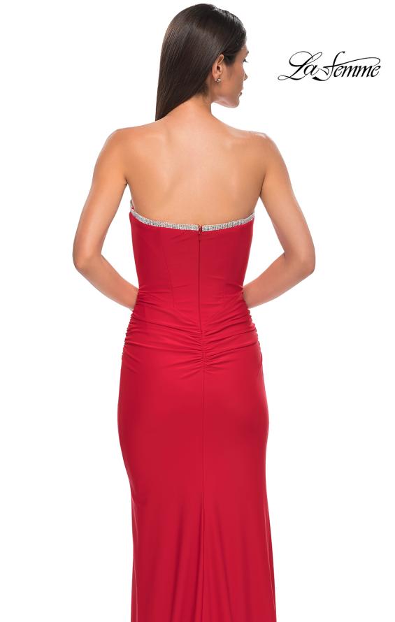 Picture of: Jersey Long Prom Dress with Ruching and Chic Rhinestone Neckline in Red , Style 32756, Detail Picture 14