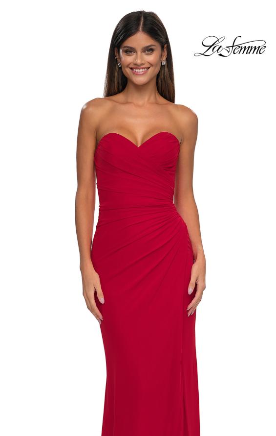 Picture of: Simple Net Prom Dress with High Slit and Flattering Ruching in Red, Style: 33018, Detail Picture 14