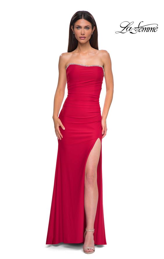 Picture of: Strapless Jersey Dress with Lace Up Back and Rhinestone Neckline in Red , Style 32931, Detail Picture 15