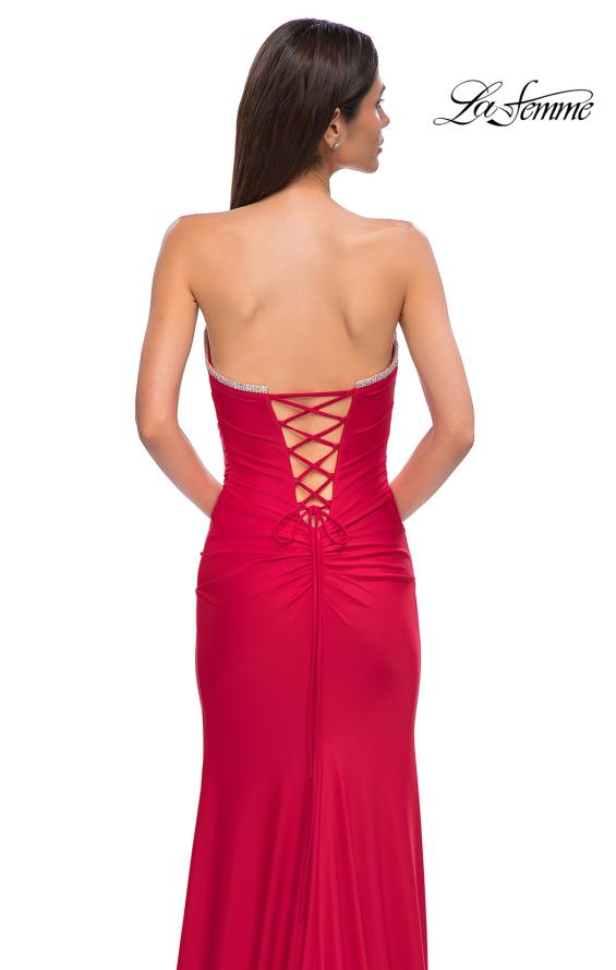 Picture of: Strapless Jersey Dress with Lace Up Back and Rhinestone Neckline in Red , Style 32931, Detail Picture 16