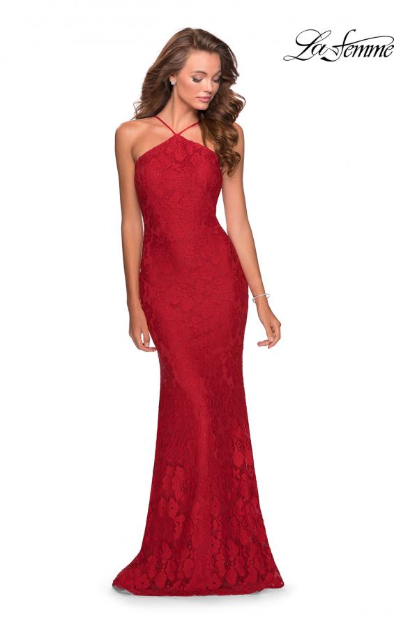 Picture of: Open Back Jersey Prom Dress with High Neckline in Red, Style: 28619, Back Picture