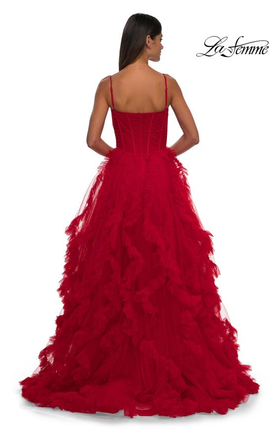 Picture of: Ruffle Tulle Dress with Unique Skirt and Illusion Corset Bodice in Red, Style: 32719, Back Picture