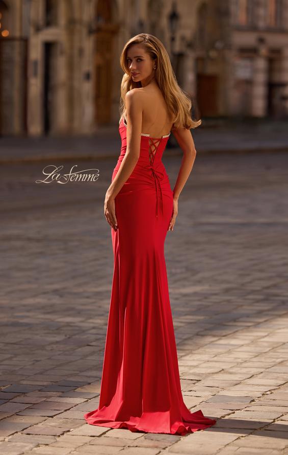 Picture of: Strapless Jersey Dress with Lace Up Back and Rhinestone Neckline in Red , Style 32931, Back Picture