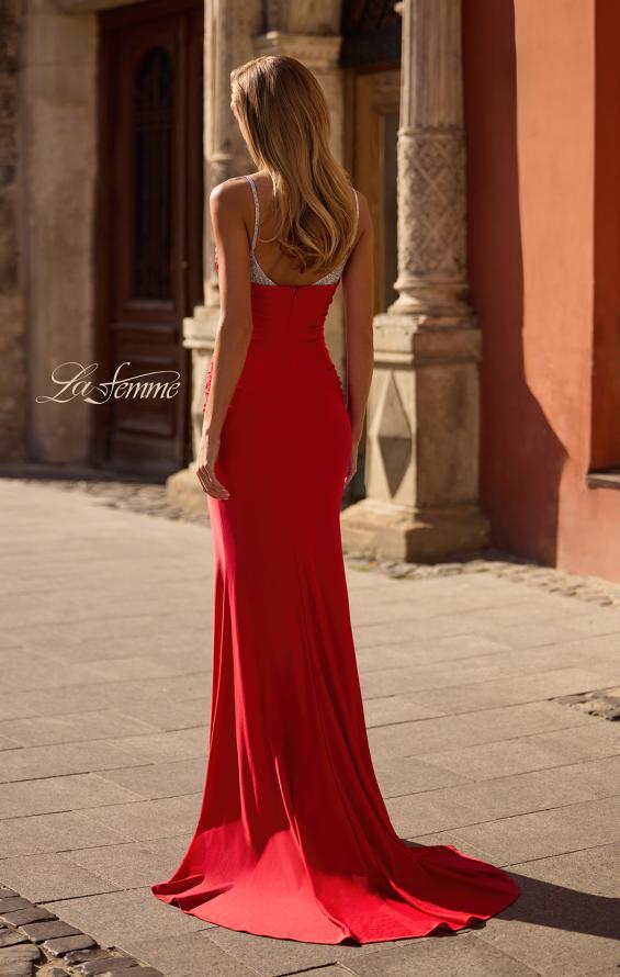 Picture of: Ruched Long Prom Dress with Rhinestone Bra Style Top in Red , Style 32939, Back Picture