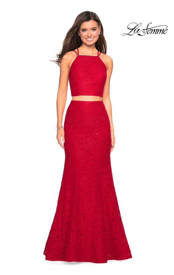 Picture of: Two Piece Stretch Lace Prom Dress with Strappy Back in Red, Style: 27452, Detail Picture 1