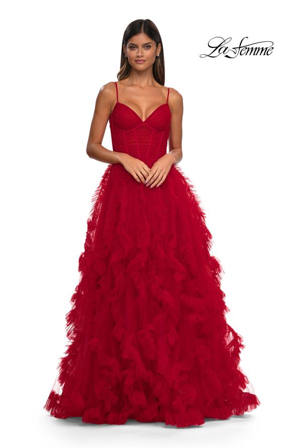 Picture of: Ruffle Tulle Dress with Unique Skirt and Illusion Corset Bodice in Red, Style: 32719, Detail Picture 1