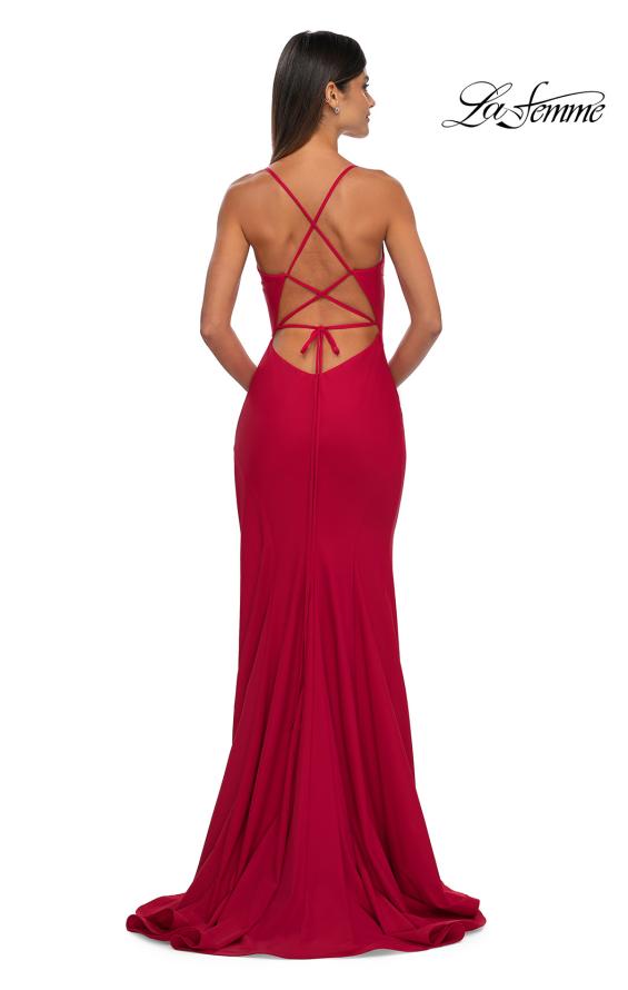 Picture of: Fitted Jersey Prom Dress with High Side Slit in Red , Style: 33080, Detail Picture 2