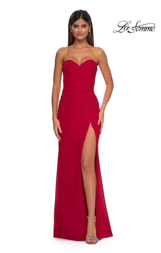 Picture of: Simple Net Prom Dress with High Slit and Flattering Ruching in Red, Style: 33018, Detail Picture 3