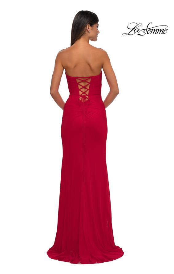 Picture of: Simple Net Prom Dress with High Slit and Flattering Ruching in Red, Style: 33018, Detail Picture 4