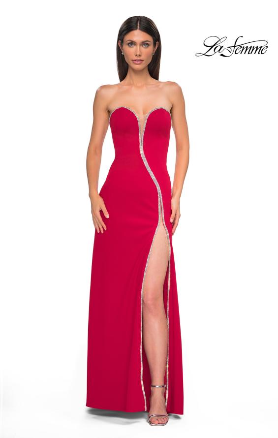 Picture of: Fabulous Jersey Dress with Rhinestones Lining the Top and HIgh Slit in Red , Style 32854, Detail Picture 5