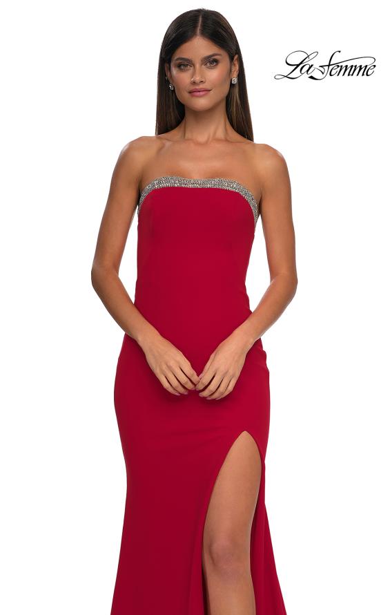 Picture of: Strapless Jersey Gown with Stunning Rhinestone Neckline in Red, Style: 32891, Detail Picture 5