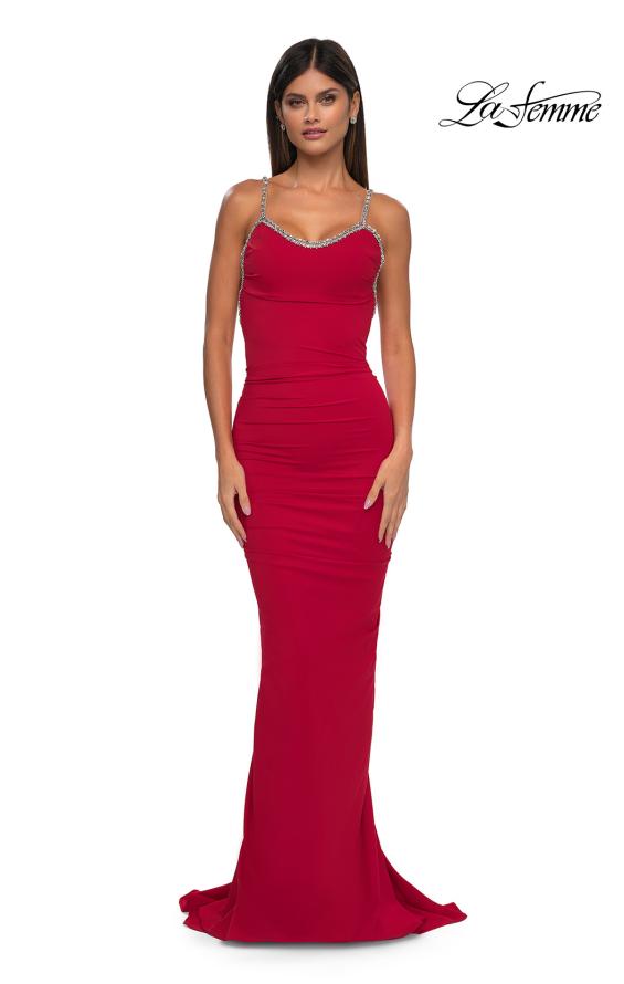 Picture of: Ruched Long Prom Dress with Low Back and Rhinestone Details in Red , Style: 32970, Detail Picture 5