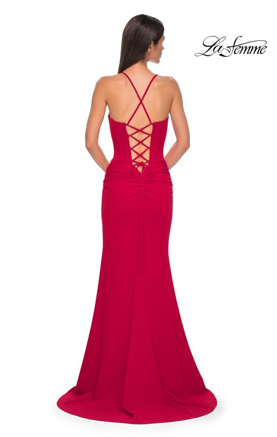 Picture of: Ruched Long Jersey Dress with Draped Rhinestone Neckline in Red , Style 32802, Detail Picture 6