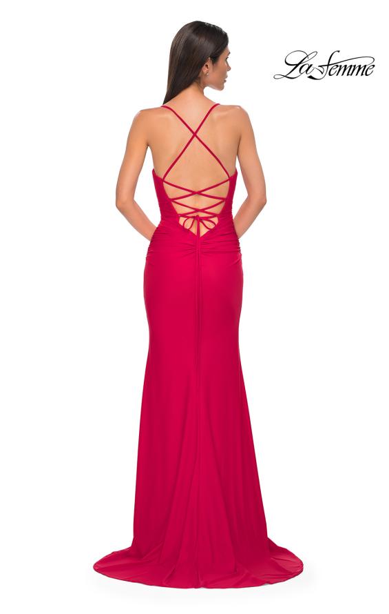 Picture of: Open Back Prom Dress with Rhinestone Detail Neckline in Red , Style 32851, Detail Picture 6