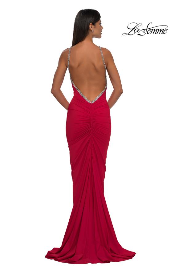 Picture of: Ruched Long Prom Dress with Low Back and Rhinestone Details in Red , Style: 32970, Detail Picture 6