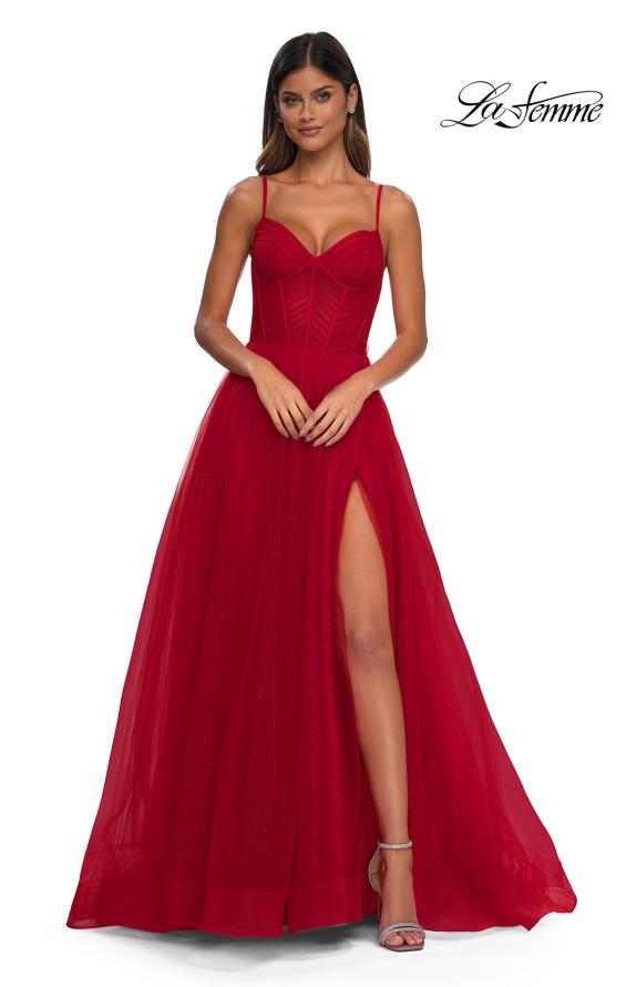 Picture of: Prom Dress with Sparkle Tulle and Ruched Corset Top in Red, Style: 32680, Detail Picture 7