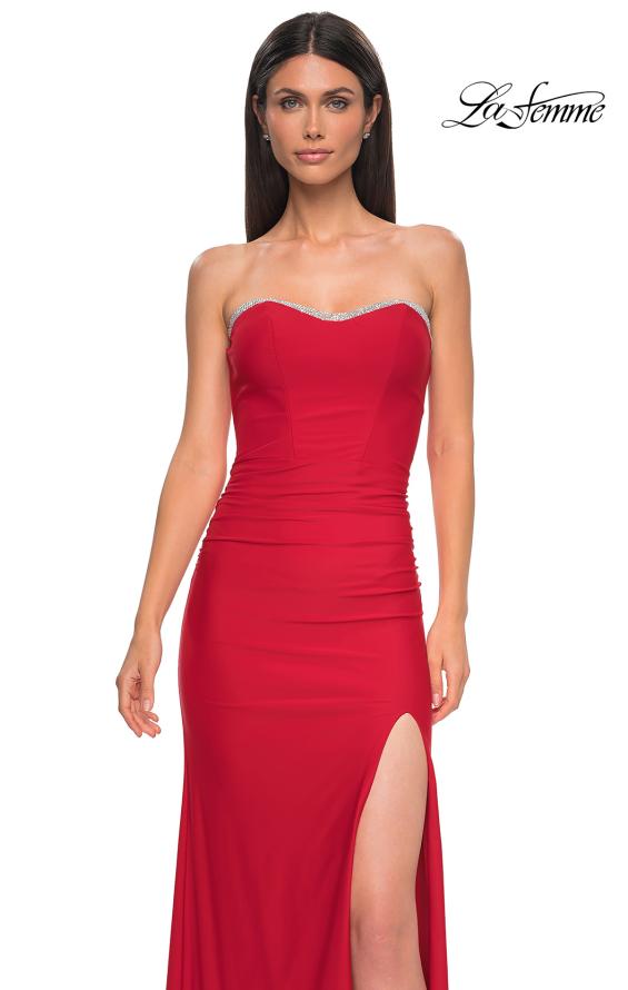 Picture of: Jersey Long Prom Dress with Ruching and Chic Rhinestone Neckline in Red , Style 32756, Detail Picture 7