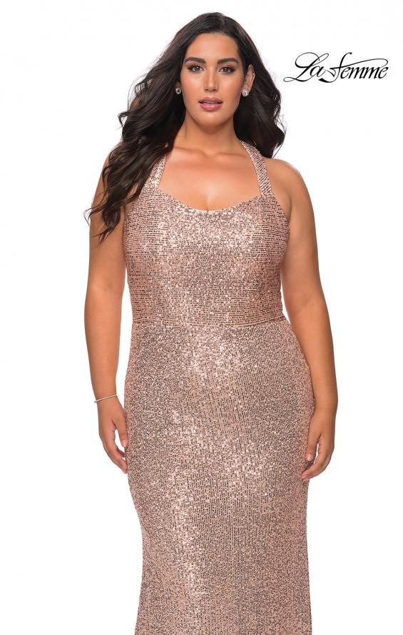 Picture of: Stretch Lace Plus Size Prom Dress with Criss Cross Back in Rose Gold, Style: 28842, Detail Picture 8