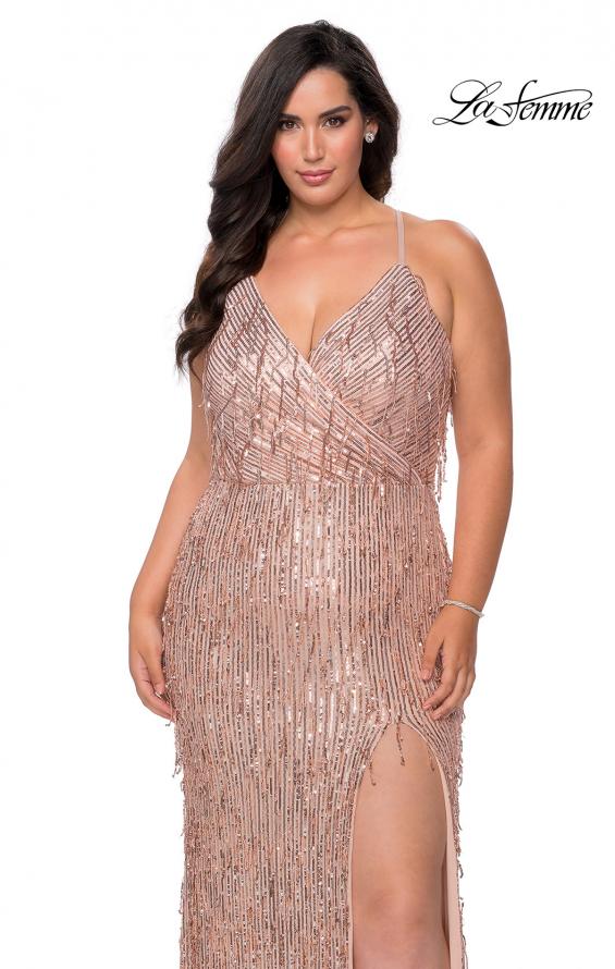 Picture of: Fringe Sequin Plus Size Prom Gown with Criss Cross Back in Rose Gold, Style: 29013, Detail Picture 1