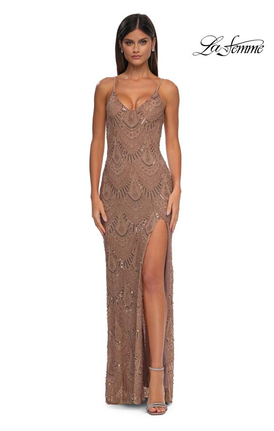 Picture of: Beautifully Beaded Long Evening Dress with V Neckline in Rose Gold, Style: 32928, Detail Picture 5