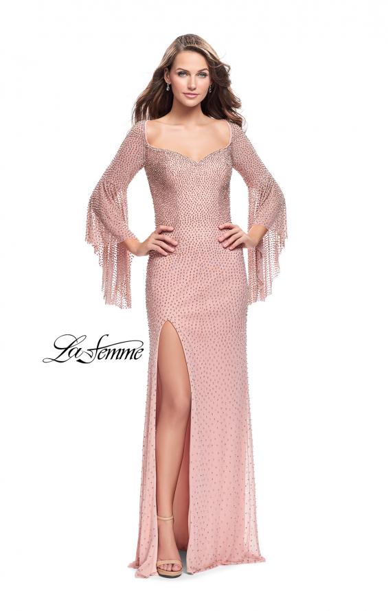 Picture of: Beaded Prom Dress with 3/4 Bell Sleeves and Leg Slit in Rose Gold, Style: 25717, Detail Picture 3
