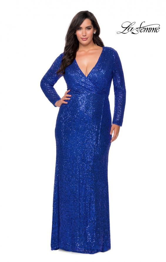 Picture of: Long Sleeve Sequin Plus Size Prom Dress with Slit in Royal Blue, Style: 28880, Detail Picture 5