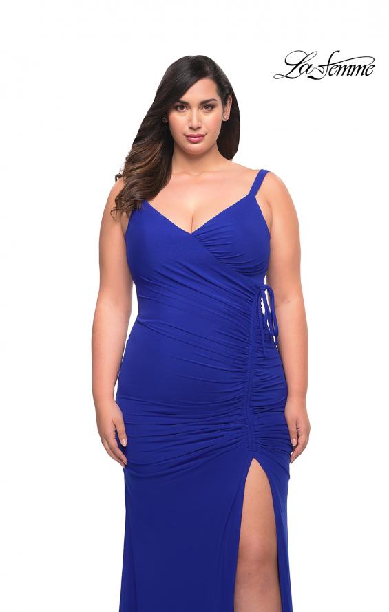 Picture of: Net Jersey Long Plus Dress with Tie Side in Royal Blue, Style: 29900, Detail Picture 5