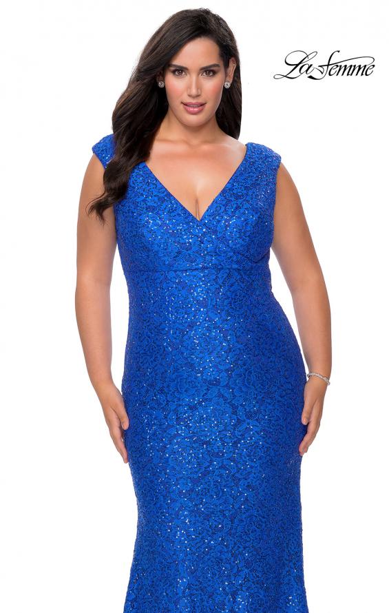 Picture of: Curvy Stretch Lace Dress with V-Neck and Rhinestones om Royal Blue, Style: 28837, Detail Picture 7
