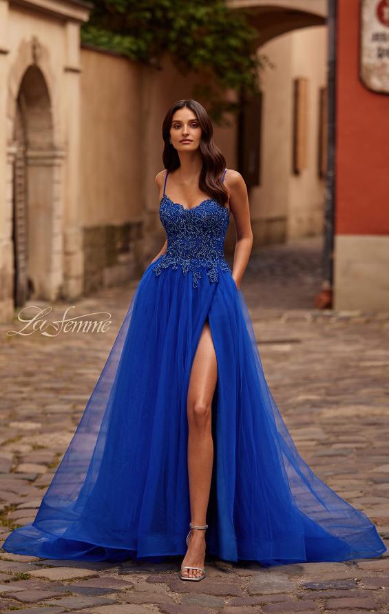 Picture of: Lace and Tulle A-line Prom Dress with High Slit in Royal Blue, Style 32646, Main Picture