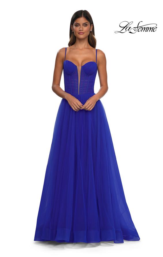 Picture of: Tulle Prom Dress with A-Line Skirt and Ruched Corset Top in Royal Blue, Style: 32700, Detail Picture 8