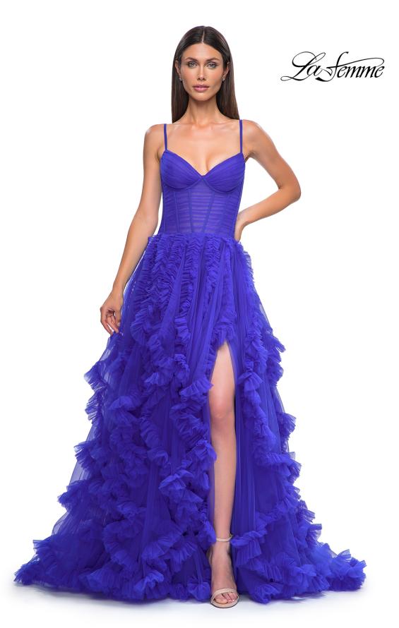 Picture of: Ruffle Tulle Dress with Unique Skirt and Illusion Corset Bodice in Royal Blue, Style 32719, Detail Picture 8