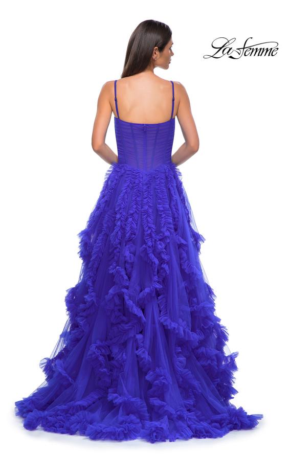 Picture of: Ruffle Tulle Dress with Unique Skirt and Illusion Corset Bodice in Royal Blue, Style 32719, Detail Picture 9