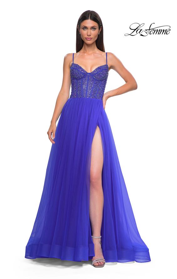 Picture of: Beautiful A-line Prom Dress with Rhinestone Encrusted Corset Top in Royal Blue, Style 32754, Detail Picture 9