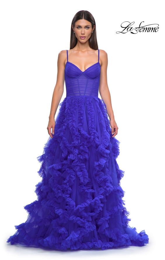 Picture of: Ruffle Tulle Dress with Unique Skirt and Illusion Corset Bodice in Royal Blue, Style 32719, Detail Picture 10