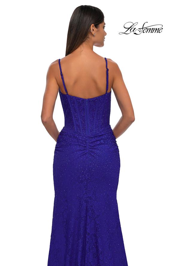 Picture of: Stretch Lace Dress with Illusion Corset Waist and Ruching in Royal Blue, Style: 32947, Detail Picture 10